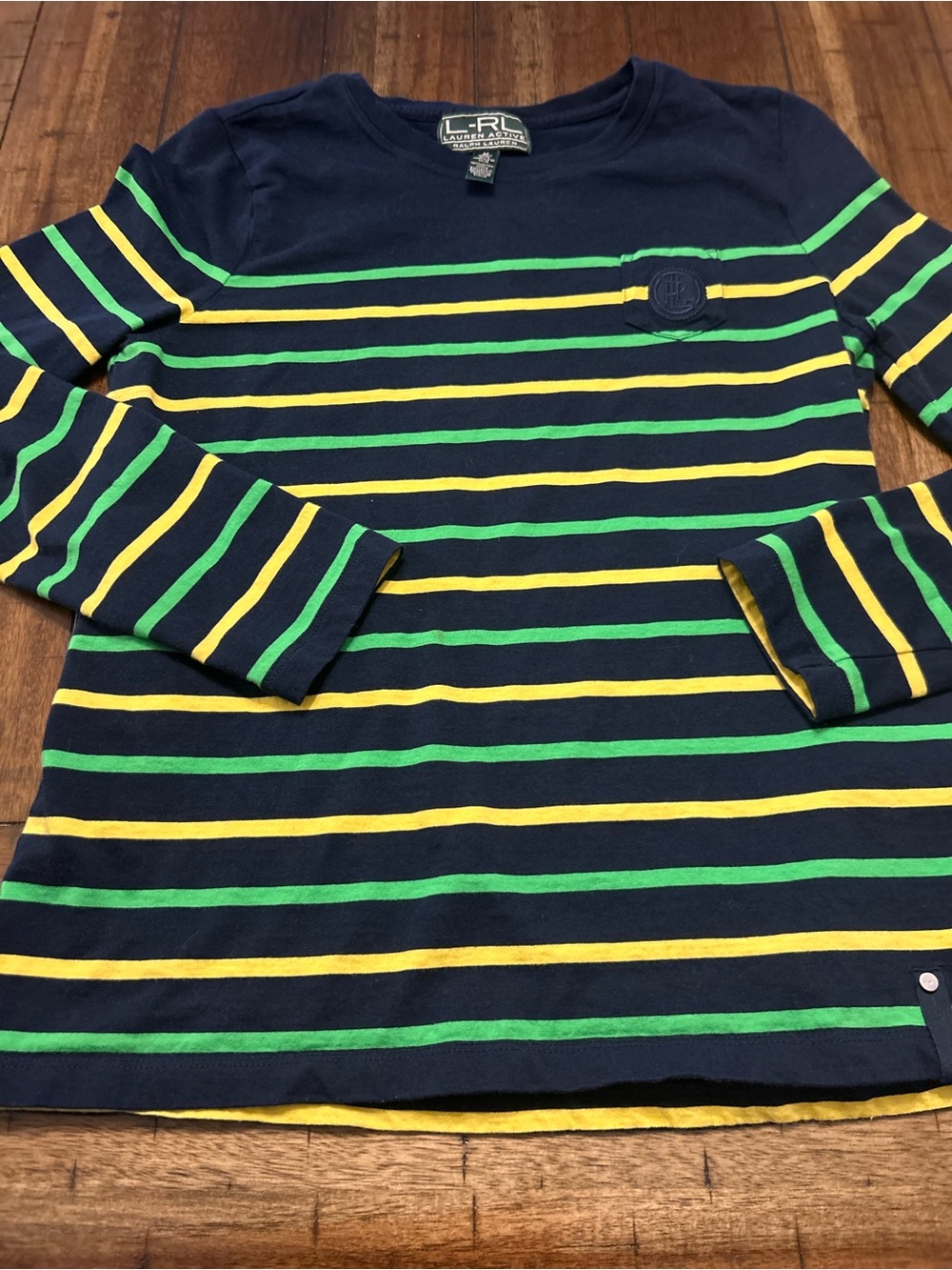 Lauren Active Ralph Lauren Striped Long Sleeve Shirt Women’s M Navy Green Yellow - Picture 3 of 9
